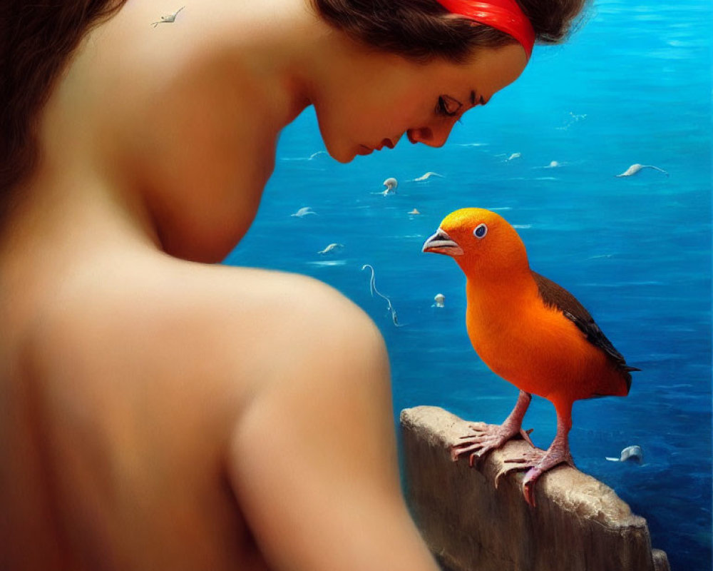 Surreal image: Woman with red headband, orange bird, underwater fish