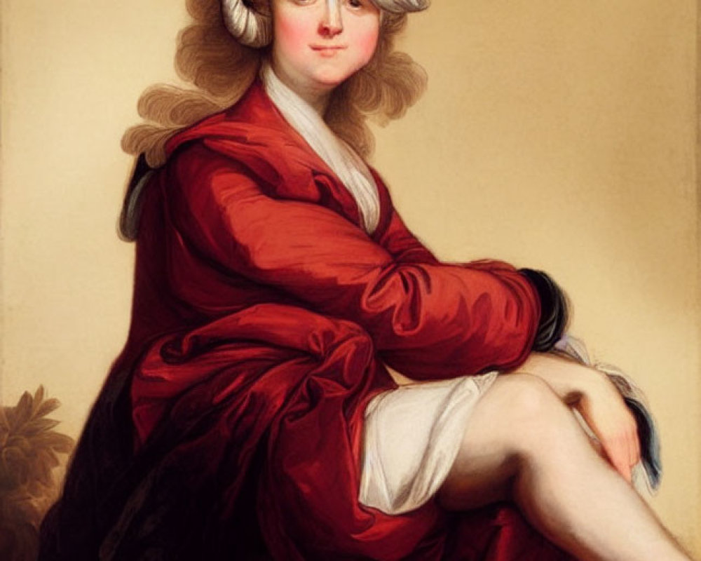 Portrait of a Woman in Red Dress and Turban Seated with Subtle Smile