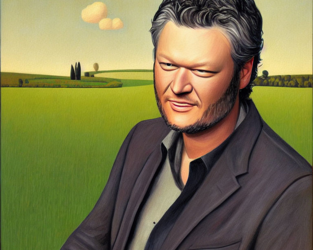 Stylized portrait of a man with messy hair and black shirt smirking in countryside.