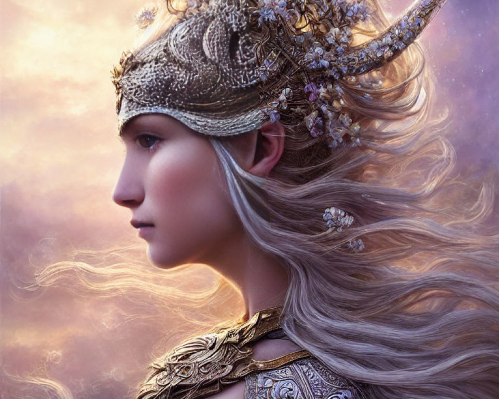 Profile view of person with long wavy hair in ornate helm and armor against purple sky