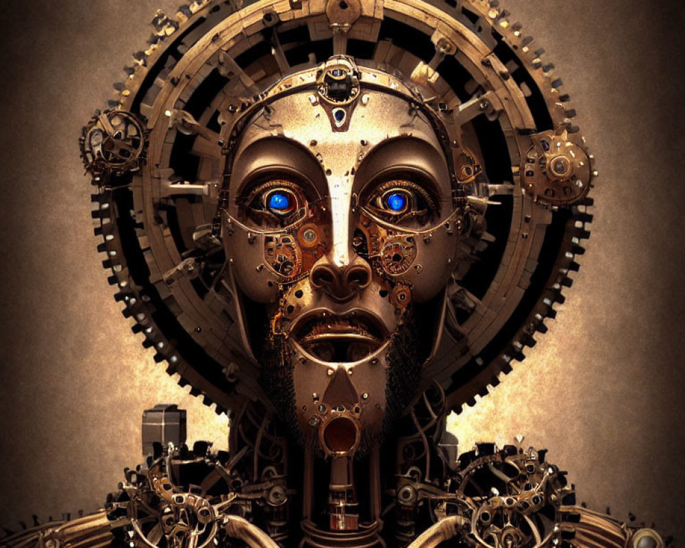 Detailed Steampunk-Style Robotic Head with Glowing Blue Eyes