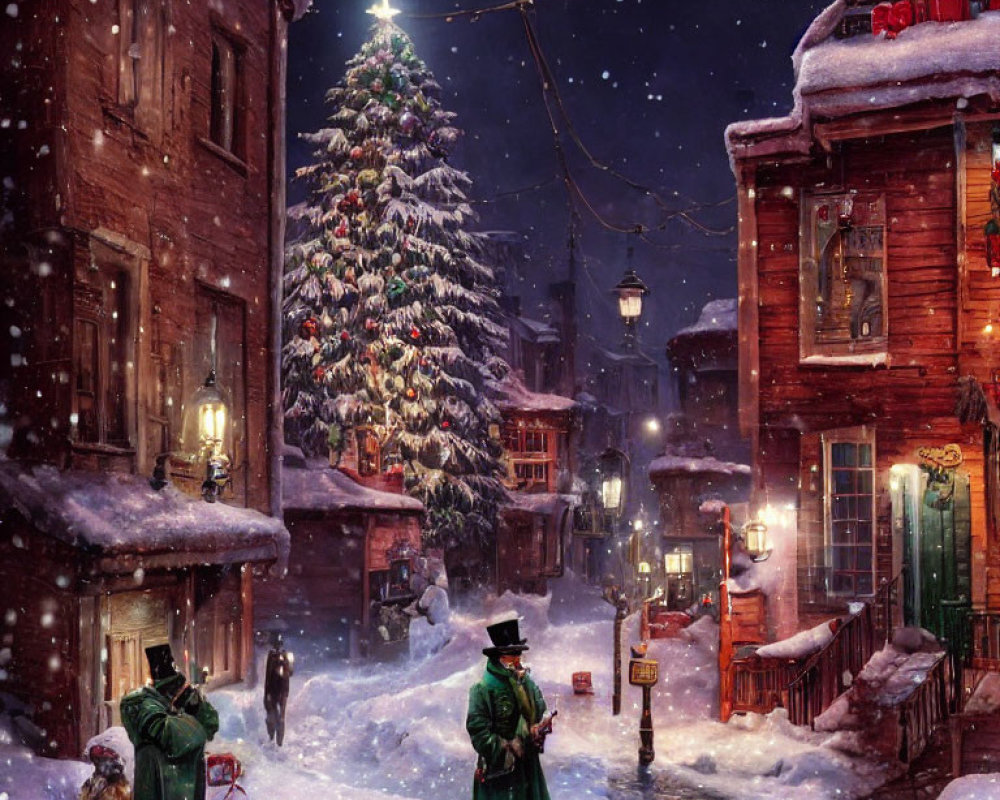 Victorian-themed snowy evening scene with Christmas tree and colorful buildings