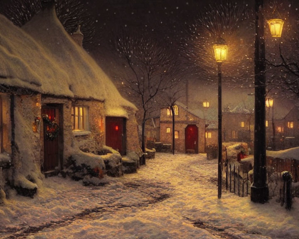 Winter village scene with snow-covered cottages and glowing windows