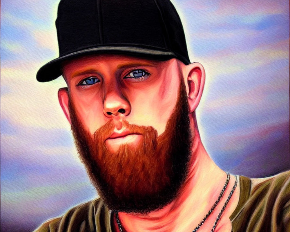 Bearded Man with Hat and Necklace on Pastel Background