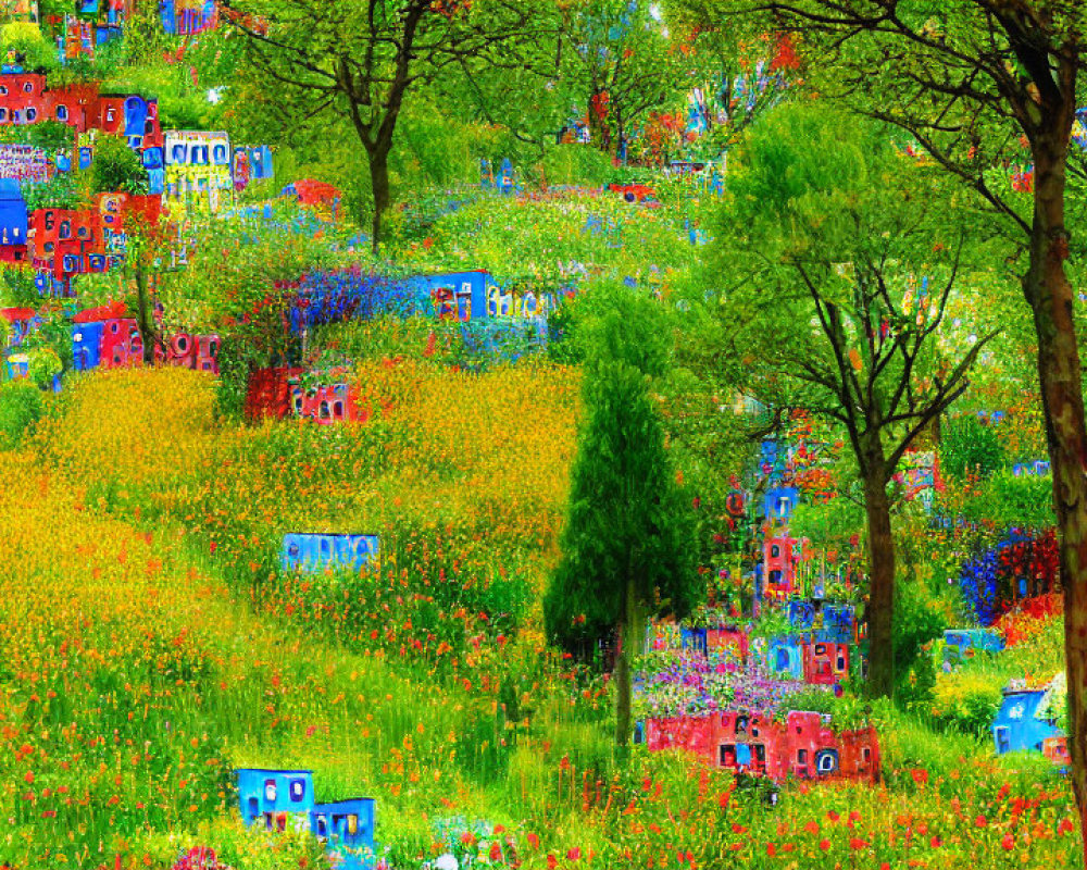 Colorful Impressionist-style Painting of Floral Meadow and Whimsical Houses