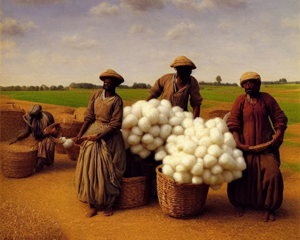 Three people picking cotton in a field with baskets, clear sky, and distant trees.