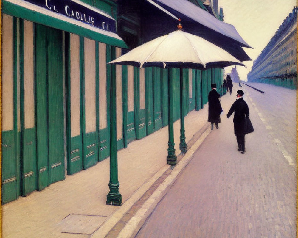 Impressionistic painting of two figures with parasol walking by green storefront shutters