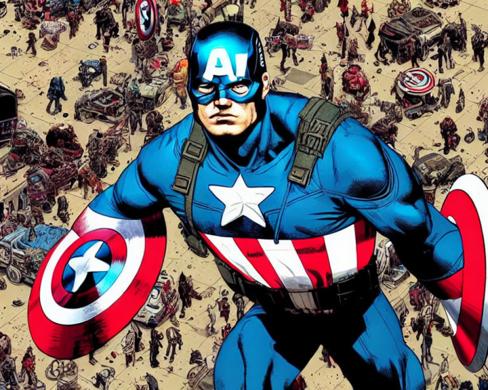 Captain America Illustration: Combat Stance with Iconic Shield in Chaotic Battlefield