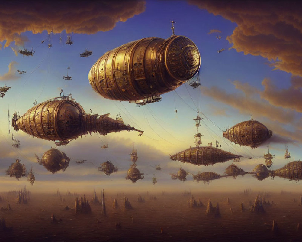 Steampunk Airships Over Dusky Sky and Islands
