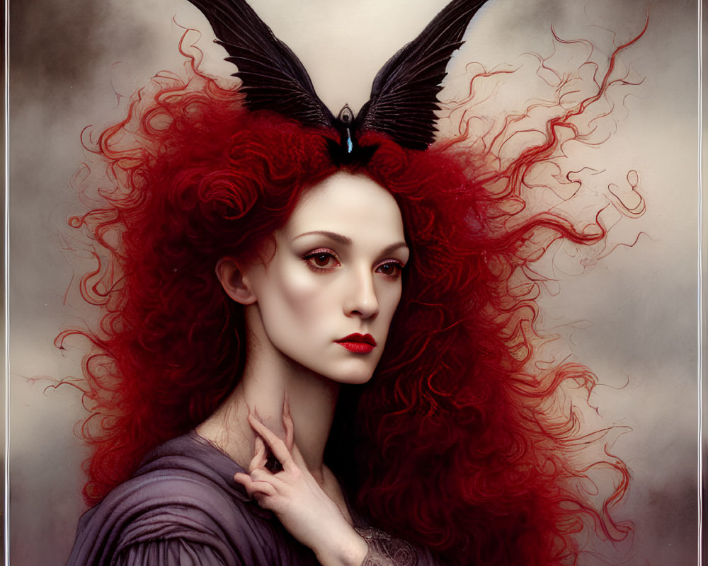 Vibrant red-haired woman with butterfly, dark lipstick, and intense gaze