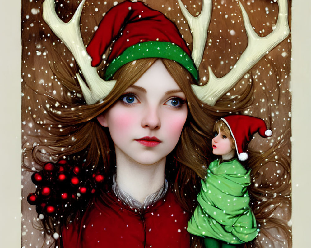 Stylized illustration of girl with blue eyes, antlers, red hat, green outfit, and