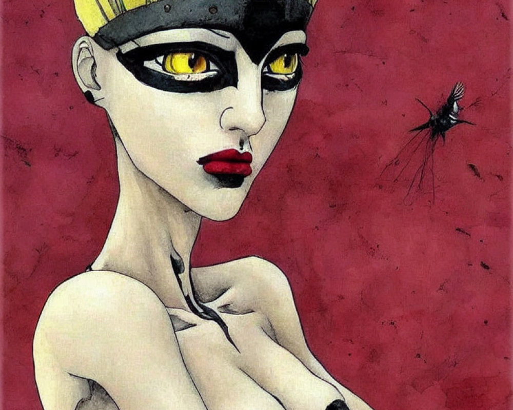 Stylized drawing of female figure with yellow eyes and red lips