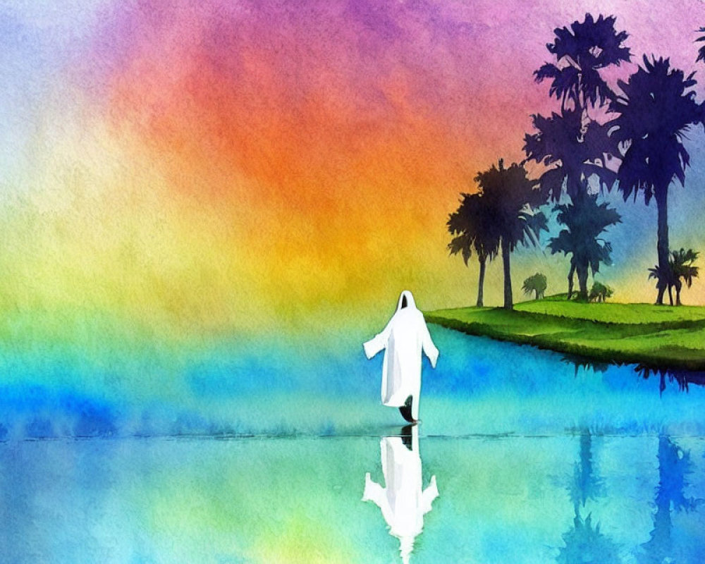 Colorful Watercolor Painting of Figure Reflected in Water