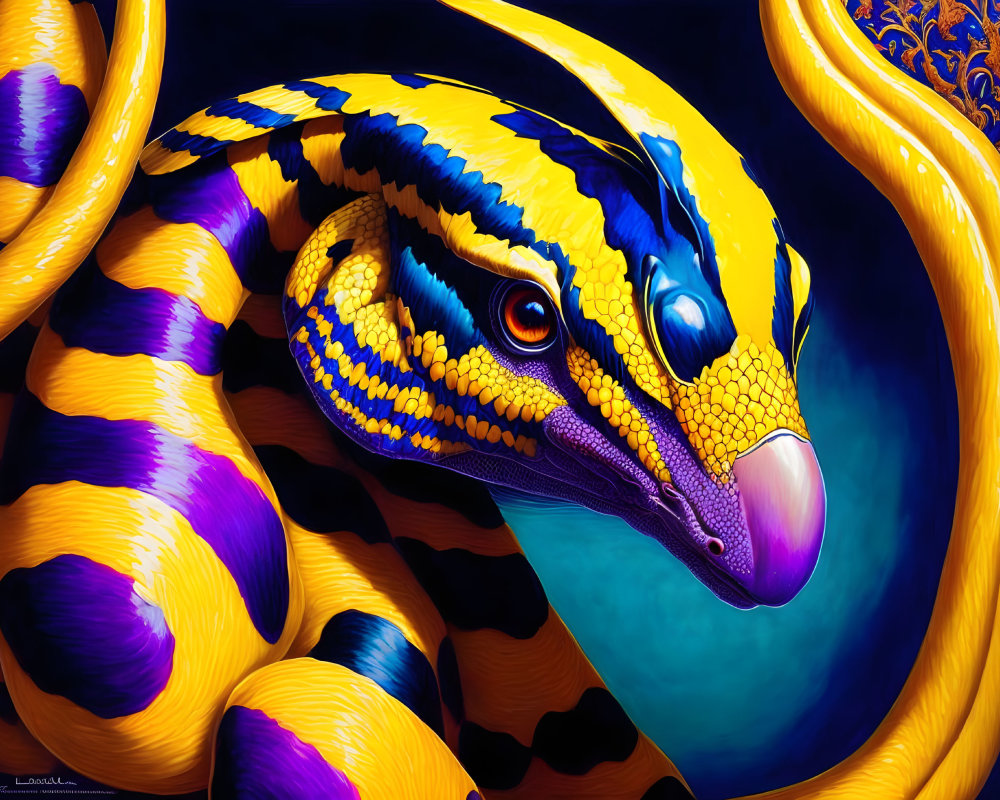 Colorful digital artwork: stylized snake with yellow and purple patterns, orange eyes, golden texture,