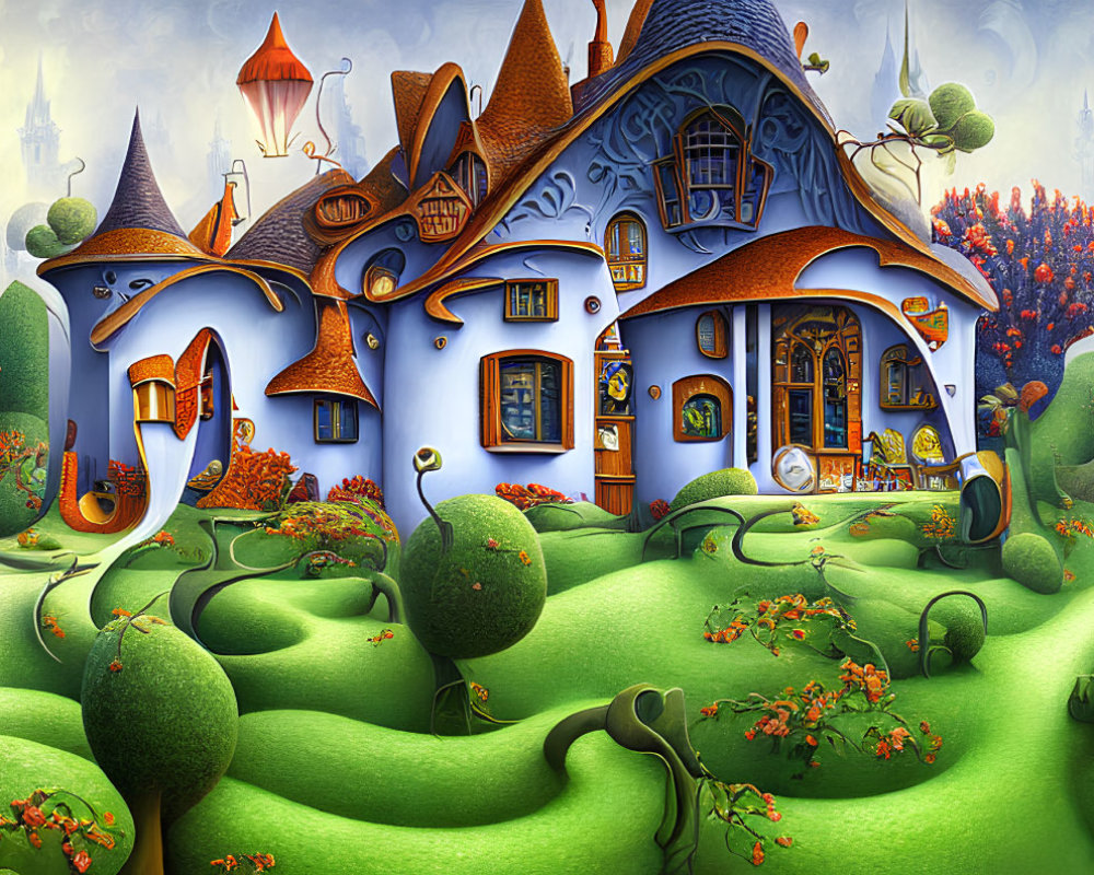 Colorful illustration of whimsical village with blue houses, orange roofs, green hills, and vibrant trees