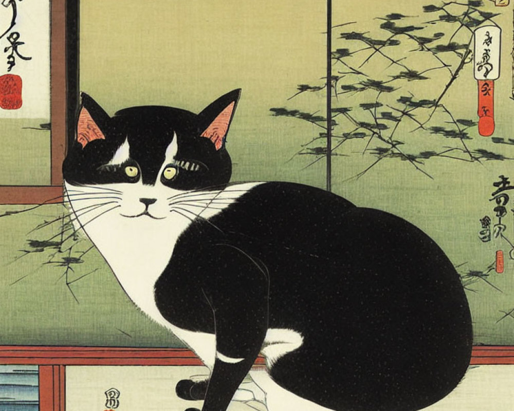 Japanese Woodblock Print: Black and White Cat by Bamboo Sliding Door