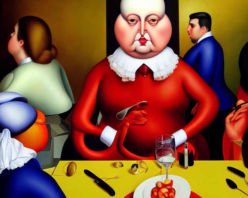 Colorful surreal painting of exaggerated characters at dining table