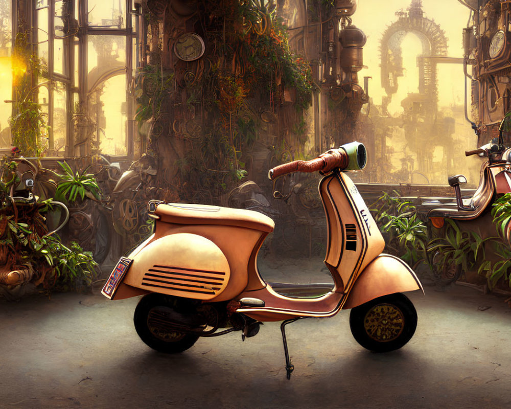 Vintage Vespa scooter in steampunk-inspired setting with lush greenery