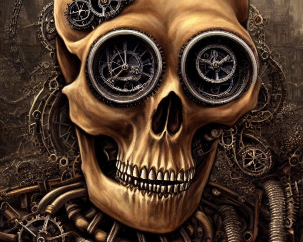 Steampunk-style skull with gear-filled eye sockets on industrial backdrop