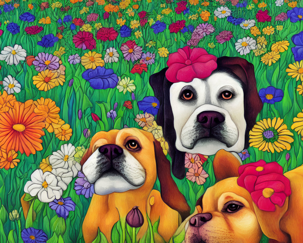 Colorful Bows Dogs in Vibrant Flower Field