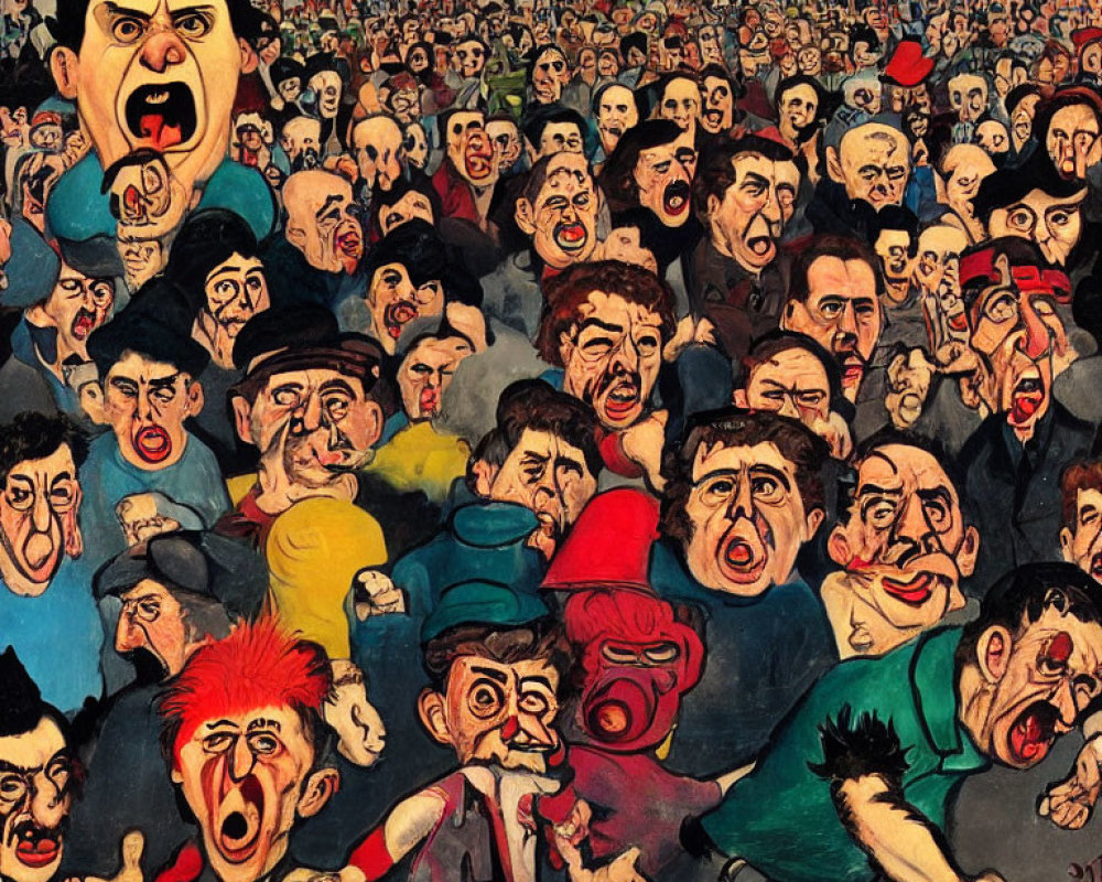 Vibrant caricature painting of diverse crowd with exaggerated expressions
