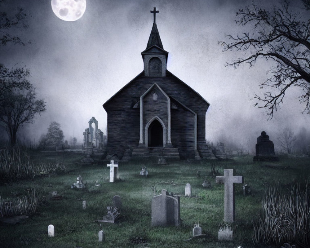 Moonlit Gothic Church and Graveyard in Misty Scene