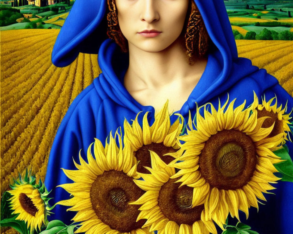 Woman in Blue Cloak Holding Sunflowers in Rural Landscape