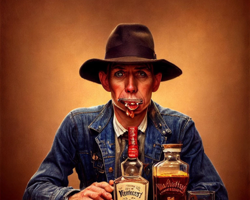 Wide-eyed man in hat and denim jacket sips drink through twisted straw-like mouth, with whisky bottles
