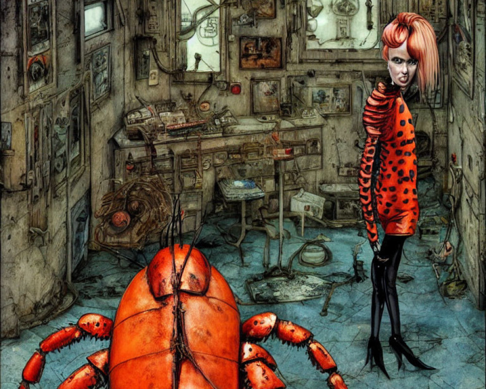 Whimsical image: Woman with pink hair, polka-dot dress, and mechanical lobster in clutter