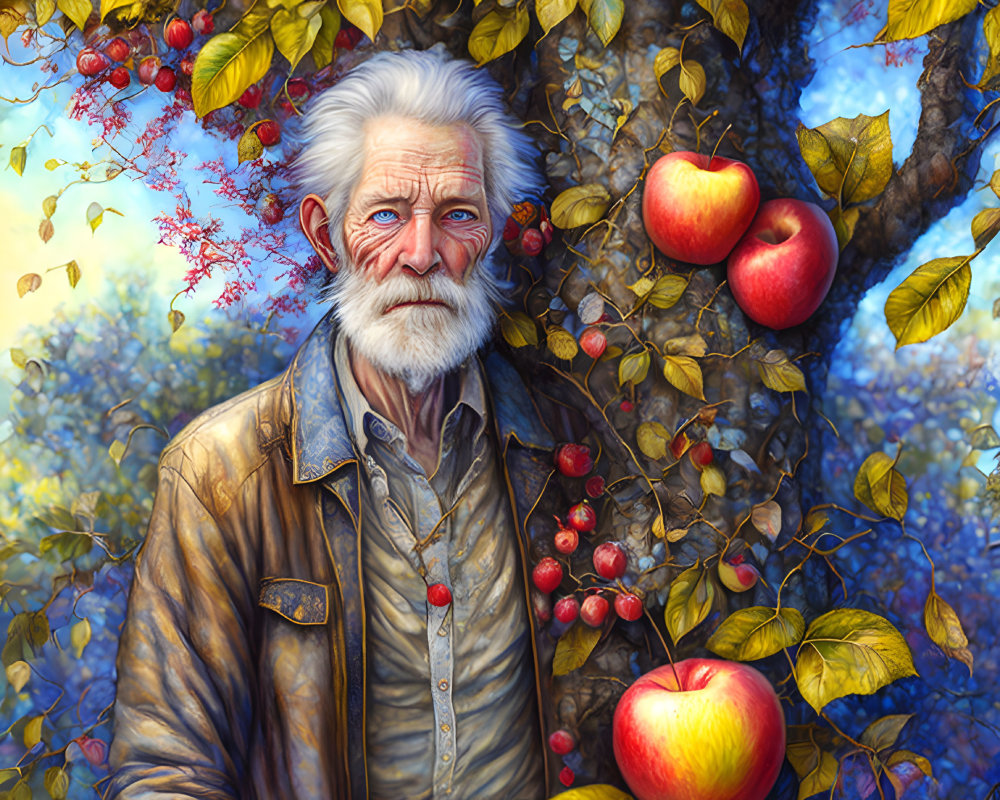 Elderly man with white hair and beard by apple tree full of red apples