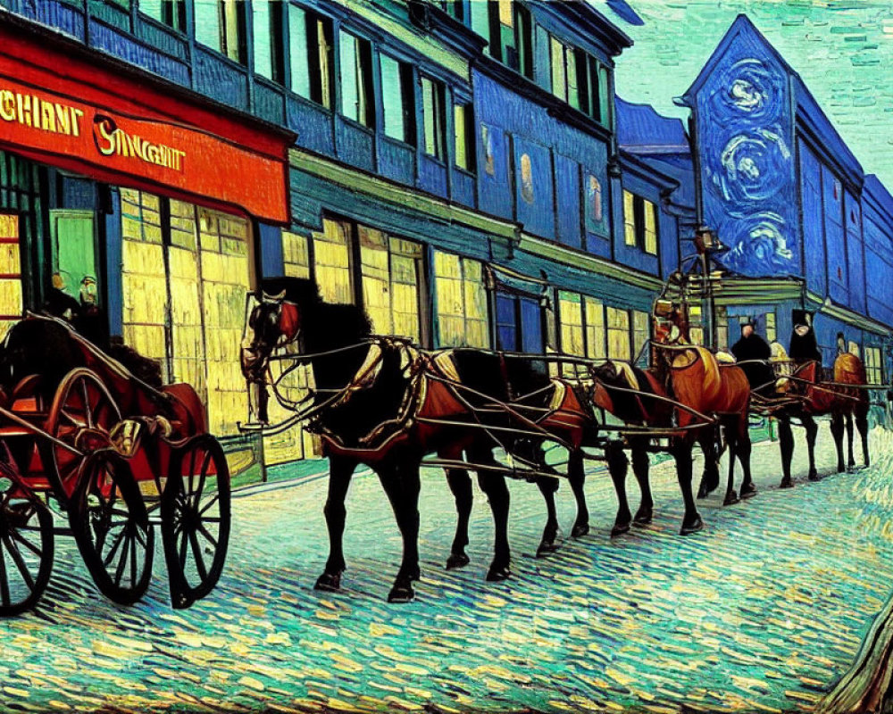Colorful street scene with horse-drawn carriages and swirling night sky