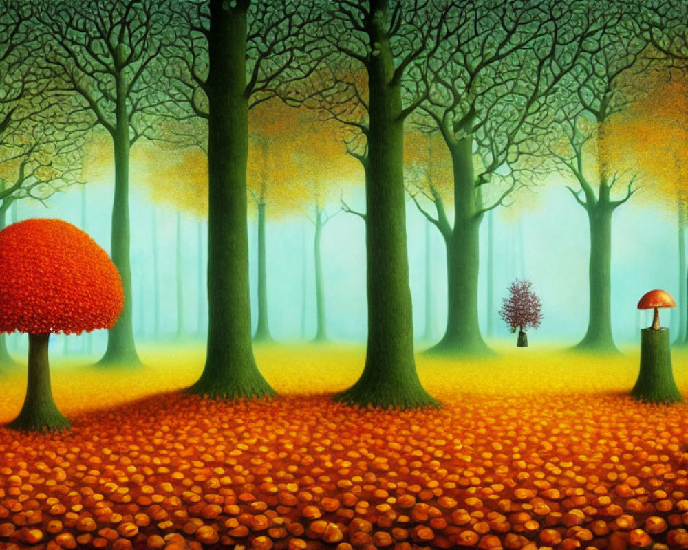 Colorful Autumn Forest Scene with Stylized Trees and Red Mushroom