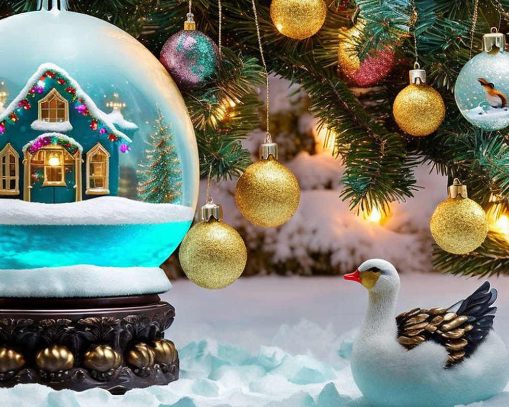 Christmas tree with snow globe, gold baubles, white goose in snowy scene