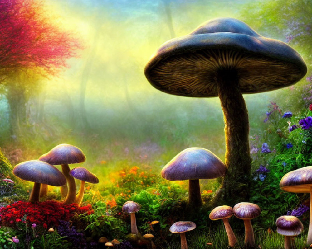 Vibrant enchanted forest glade with oversized whimsical mushrooms and colorful flora.