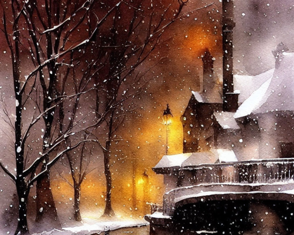 Snowy Scene with Glowing Street Lamp and Cozy House in Falling Snow