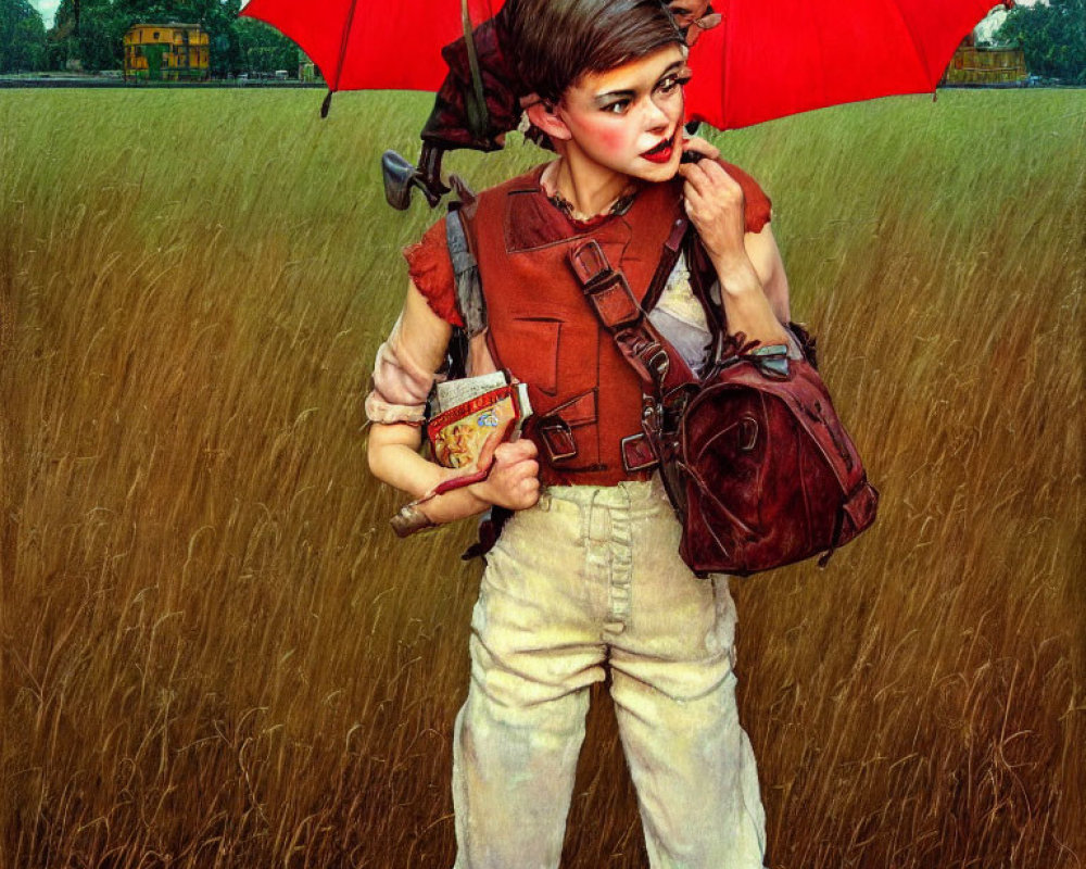 Vintage Attire Figure with Book and Umbrella in Wheat Field with Building