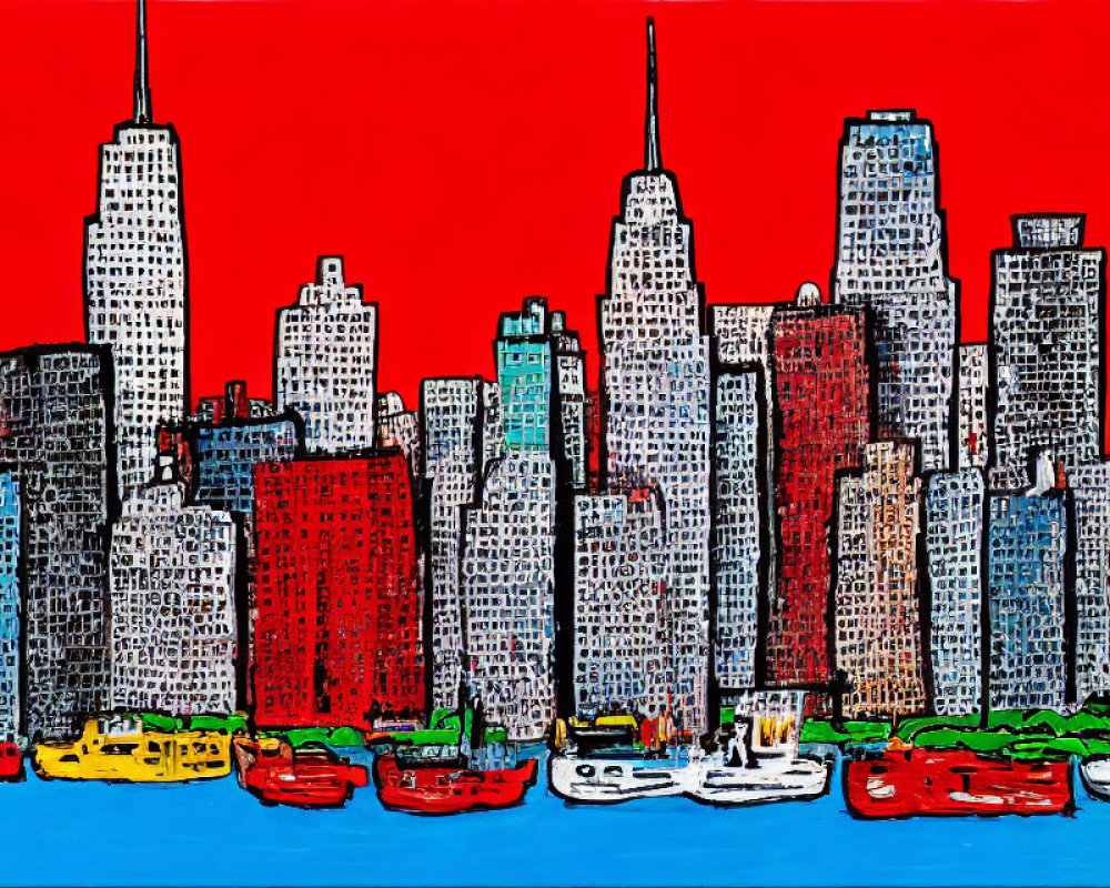 Colorful city skyline with skyscrapers, red sky, and boats on water.