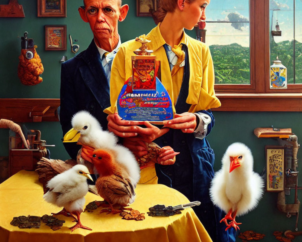 Colorful painting of woman with cereal box and man, surrounded by chicks and duckling.