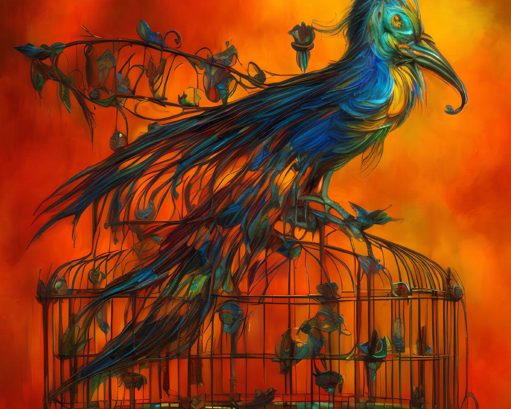 Colorful illustration of a blue bird on a birdcage with smaller birds, set against orange backdrop
