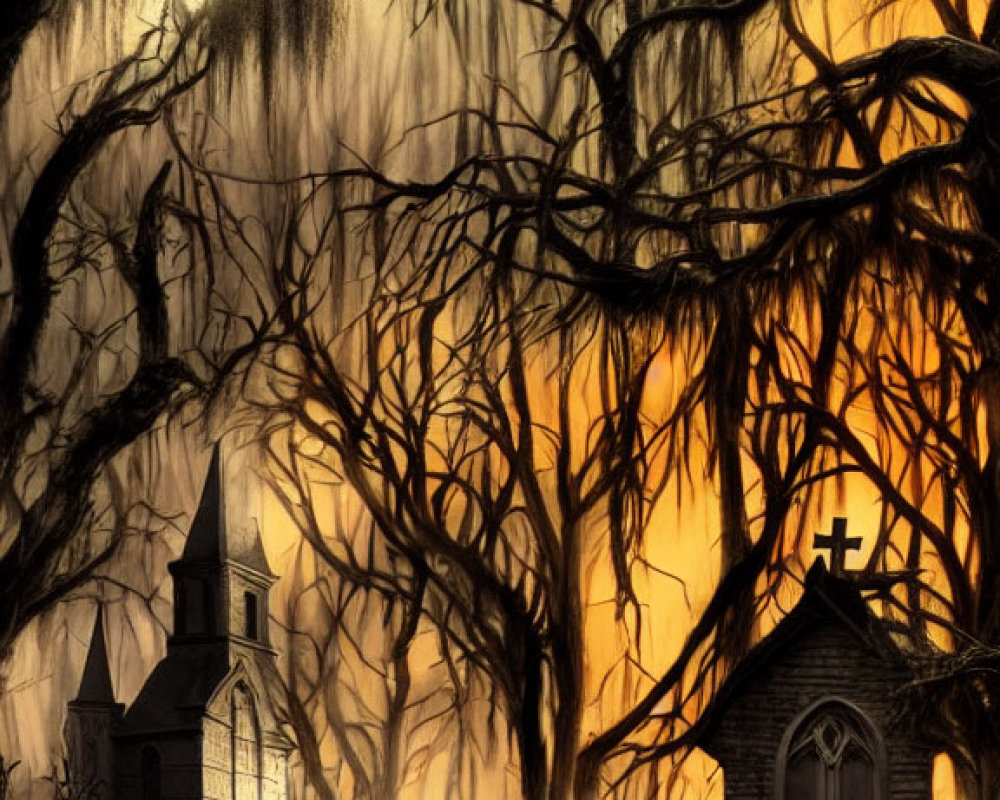 Ethereal glow illuminates church and small building among twisted trees