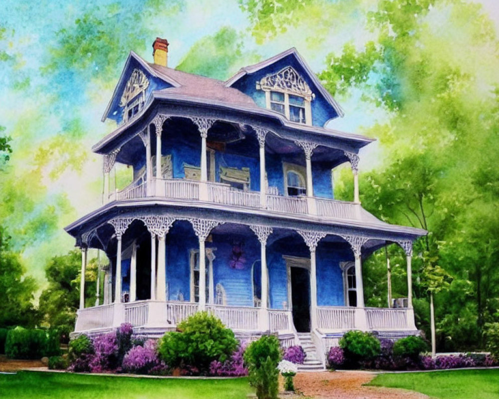 Detailed Watercolor Painting of Blue Victorian House with Greenery & Purple Flowers