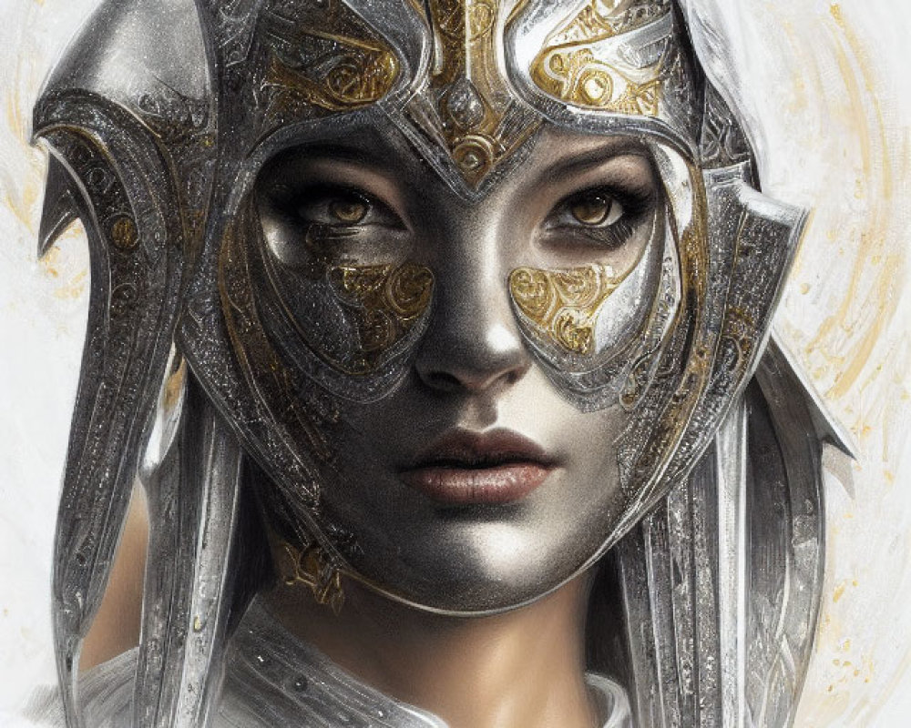 Portrait of a person in fantasy-style helmet with silver and gold accents