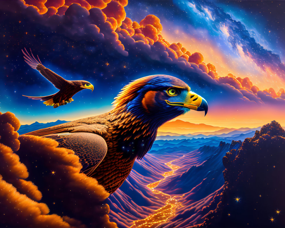 Digital Artwork: Eagle in Sunset Sky with Mountains