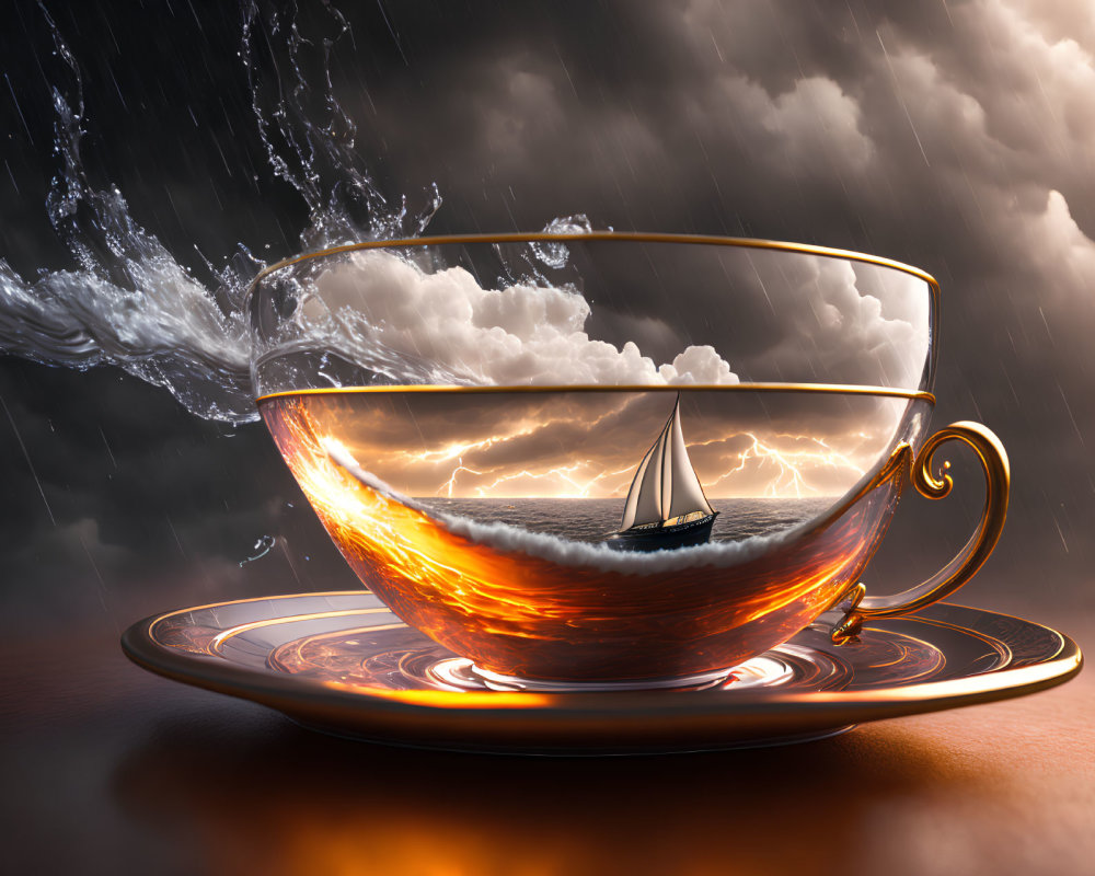 Transparent teacup with ocean storm and boat on dramatic sky backdrop