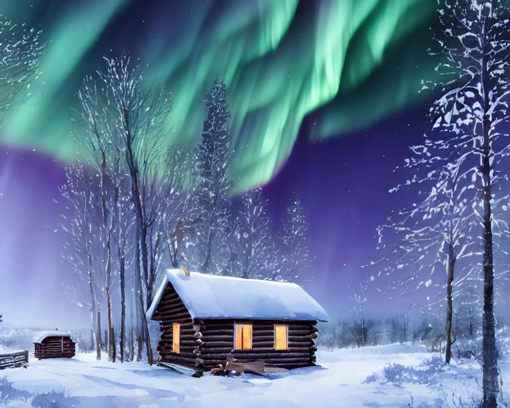 Snowy forest log cabin under mesmerizing aurora borealis