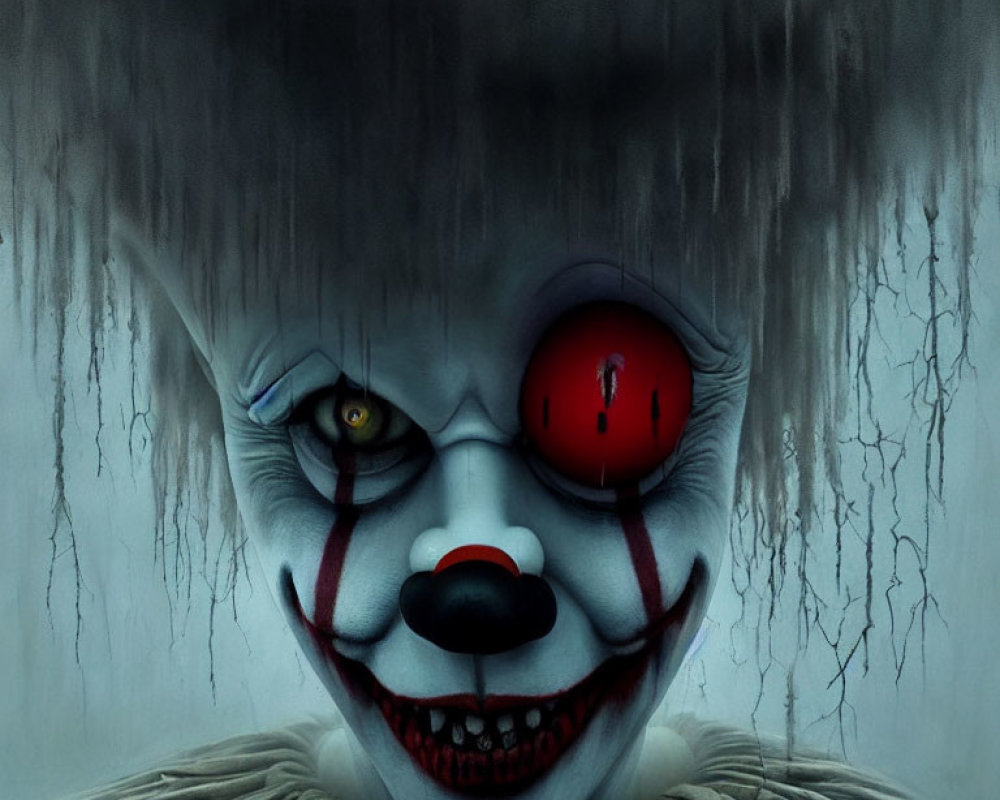 Creepy clown with cracked white face and red eye in gloomy setting