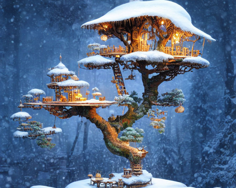 Snow-covered treehouse with glowing windows in magical winter scene