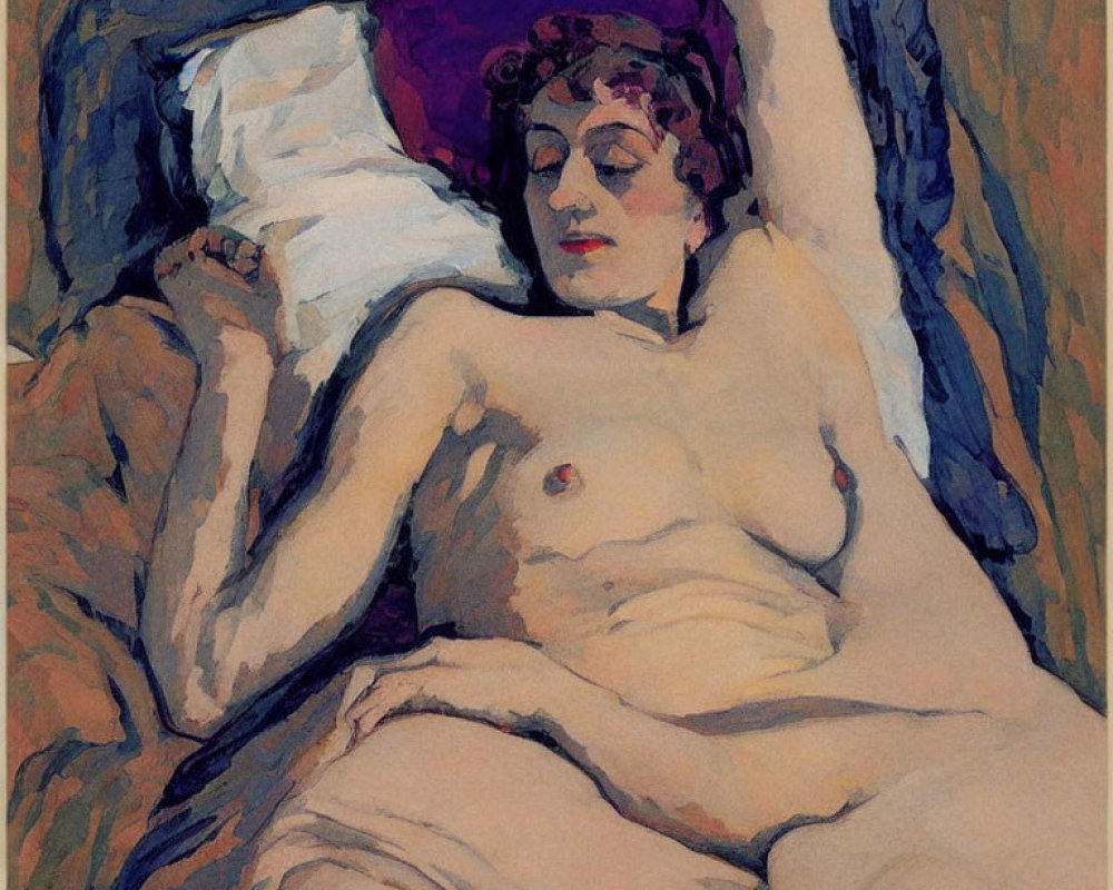 Expressive reclining nude woman with purple hat in bold colors