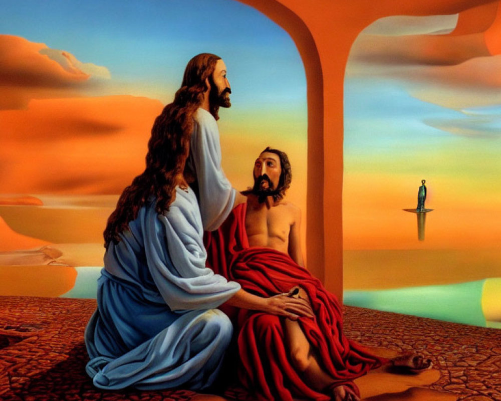 Surreal painting of three religious figures in robes by the water