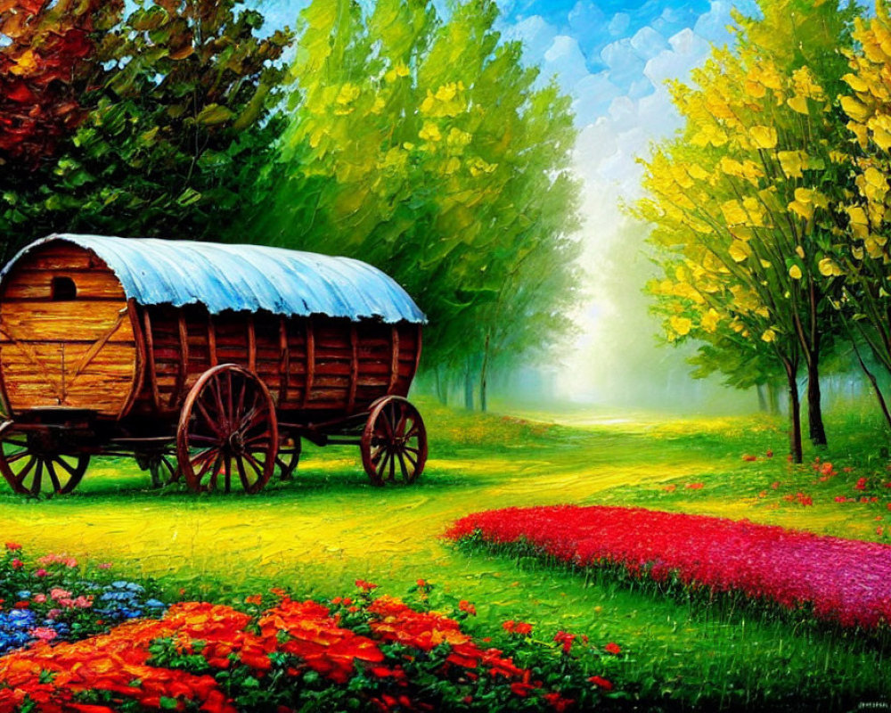 Vintage covered wagon on vibrant forest path